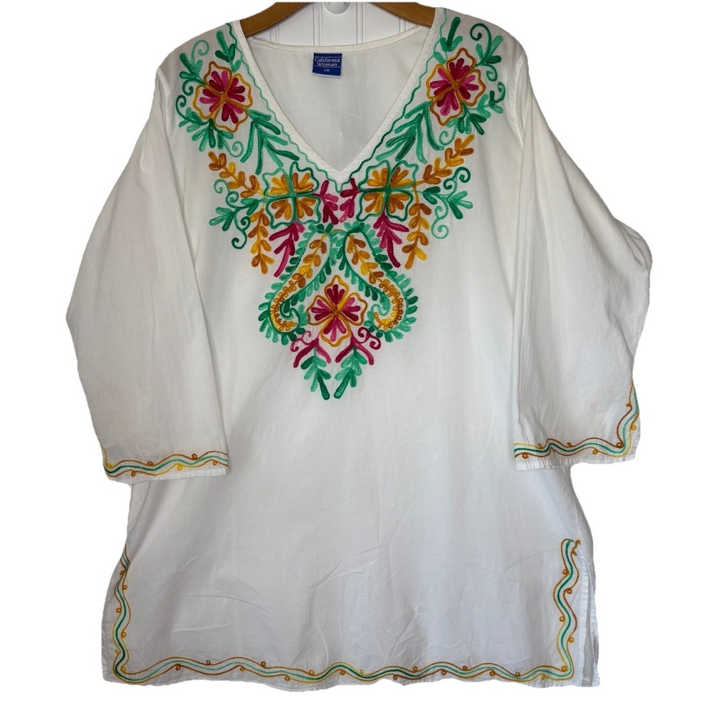 California Woman Tunic Top Embroider White 1X Boho Festival Fiesta Resort Cruise